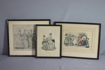 Group Lot Of 3 Antique Illustrated Fashion Prints