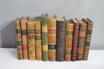 Group Lot Of 11 Vintage And Antique Leatherbound Danish, French, And English Tomes