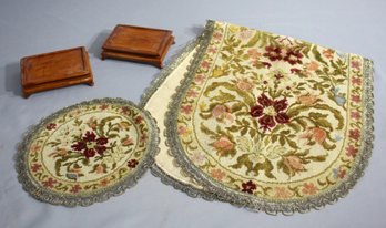 Vintage Tapestry-style Table Runner, Round Mat & 2 Chinese Rosewood Tea/Plant Table Stands