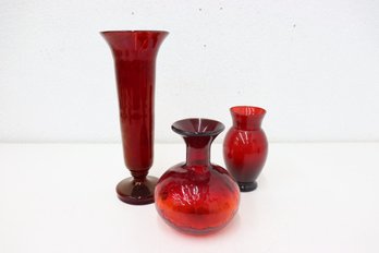 Three Vintage Ruby Red And Amberina  Glass Vases In Three Differing Forms