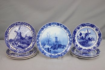 Group Lot Of 7 Delft Blue Windmill Pictorial Plates (3 Distinct Styles) Handmade In Holland