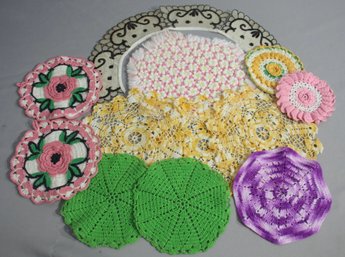 Vintage Colorful Crochet Doilies Coasters,  Potholders, Etc.
