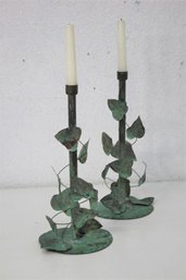 Pair Of Vintage Verdigris Copper Climbing Ivy Candlestick Holders