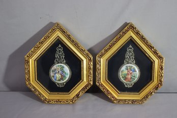 A Pair Of Vintage Porcelain Cameo Art Gold Frame Shadow Boxes