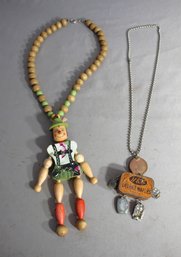 Unique Vintage Wooden Bead Necklace And Steampunk Tin Robot Necklace