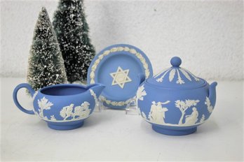 Group Lot Of Wedgewood Blue Jasperware: Judaica Star Of David Plate And Creamer/Sugar Set