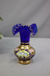 COBALT BLUE VASE GOLD HAND PAINTED DETAIL APPLIED FLOWERS -CZECH