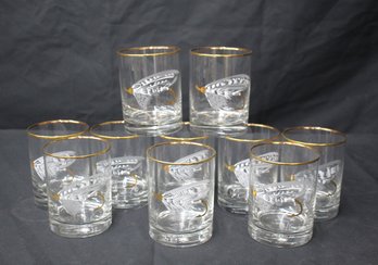 Set Of 10 Winnie Stanford Designs Inc. On The Rocks Glasses. Gold Rim With Painted Fly Fish Lure
