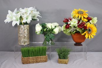 Group Lot Of Artificial Flowers And Grass All In Decorative Planters