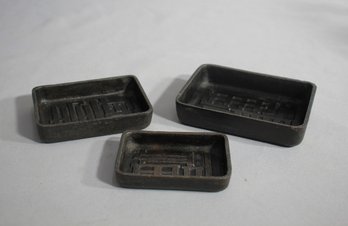 Antique Japanese Bronze Incense Trays With Geometric Design, Marked 'Japan'