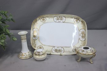 Vintage Gold Gilded Moriage Porcelain Dresser Vanity Set