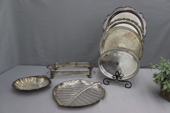 Group Lot Of 6 Silver Plated Trays And Chafer Stand