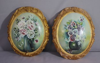 Two Vintage Annette Stevenson Hand Painted Polychrome Floral Still Lifes In Ornate Gold Frames