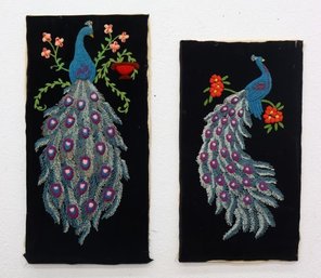Fabulous Pair Of Brilliant Peacock Vintage Embroideries, On Stretcher Frame