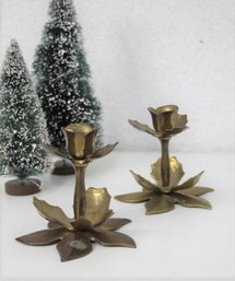 Vintage Set Of 2 Brass Full Lotus Flower Candlestick Holders