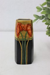 Vintage Art Nouveau Poppies On Black & Gold Hexagonal Porcelain Vase