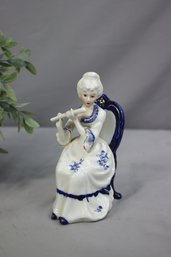 Blue White Gold Colonial Woman Playing Flute