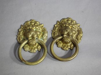 Pair Of Brass Lion Head Vintage Drawer Pulls