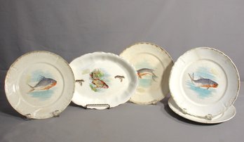 Set Of Five Antique Hand-Painted Fish Motif Plates