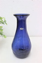 Blenko Handcraft Cobalt Blue Wide Mouth Crinkle Glass Vase - Made In USA