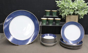 Grouping Of Plates And Bowls Pennon Blue Tastesetter By Sigma And 5 Green/gold Ceramic Cups