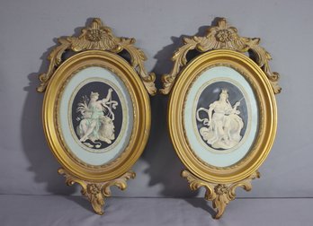 A Pair Vintage Cut Paper Hellenistic Portraits In Ornate Gilt Style Oval Frames