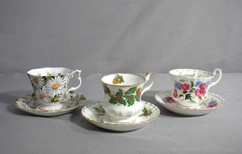 Trio Of Vintage Floral Porcelain Teacups And Saucers