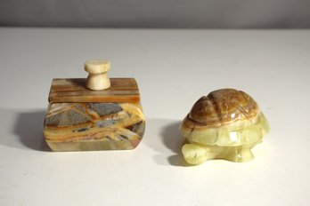 Onyx Carved Stone Vanity Lidded Trinket Box With Porcelain Miniatures And Lidded Turtle