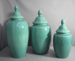 'Set Of Three G. Vaz Green Lidded Ginger Jars With Repairs'