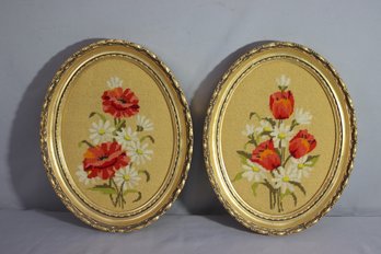 Two Framed Vintage Floral Cross Stitch Ovals