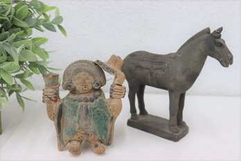 Terra Cotta Chinese Warrior Horse Figurine AND Mayan Ceramic Huiple Celebration Woman Figurine