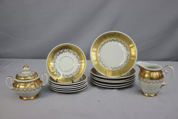 Vintage RW West German Gold Band And Edge Porcelain Creamer/Sugar Set, Mixed Plates And Saucers