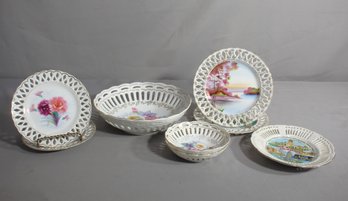 Collection Of Vintage Porcelain Ribbon Plates With Scenic And Floral Designs