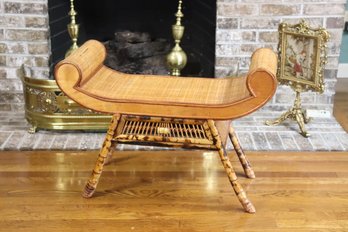 Vintage Egyptian Revival Scorched Bamboo And Woven Rattan Scroll Arm Bench With One Drawer