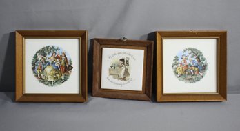 Group Lot Of 3 Square Framed Decorative Wall Tiles And Prints