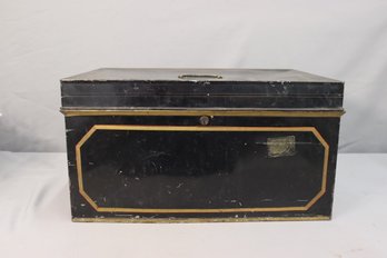 Vintage Rustic Black And Gold Painted Tin Box (no Key)