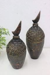 Two Molded And Textured Dark Glazed Earthenware Bottles With Crescent Moon Finial