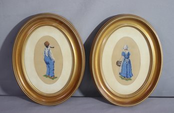 Vintage Oval Framed Cross-stitch Woman And Man Rear Profiles