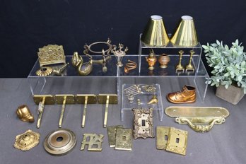 Grouping Of Brass Objects - Miniature And Standard Sizes - Switch Plates, Hooks, Figurines And Much More