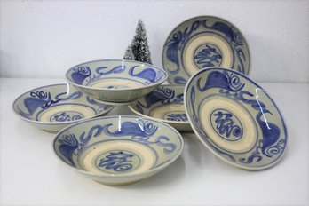 Set Of Six Blue And White Broad Brush Stoneware Wide Bowls