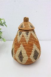 African Craft Hand Woven Grass And Palm Teardrop Lidded Basket