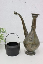 Vintage Turkish Copper/Tin Aftabeh Pitcher And Black Cast Iron Pot