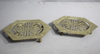 Pair Of Vintage Brass Chinese Trivets-made In India