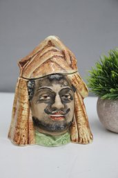 Antique Figural Humidor Or Tobacco Jar Man With Mustache And Beard In Head Dress