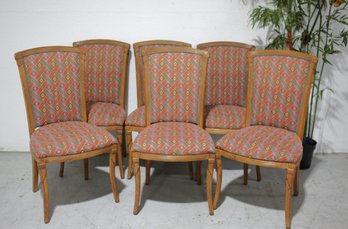 Set Of Six Rattan Design  Dining Chairs With Geometric Upholstery