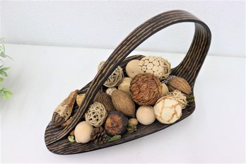 Decorative Wooden Slipper Tray With Various Straw, Stone, And Natural Round Object D'nature