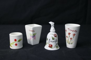 Group Lot Of Studio/Artisan Pottery Hand-Painted Small Cups And Bell