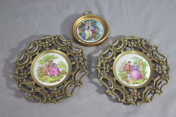 Trio Of Spanish Porcelain Fragonard Style Couples In Reticulated Frames