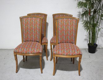 Set Of Four Rattan Design  Dining Chairs With Geometric Upholstery