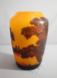 'Stunning Vintage Cameo Glass Vase With Scenic Overlay' Signed Galle